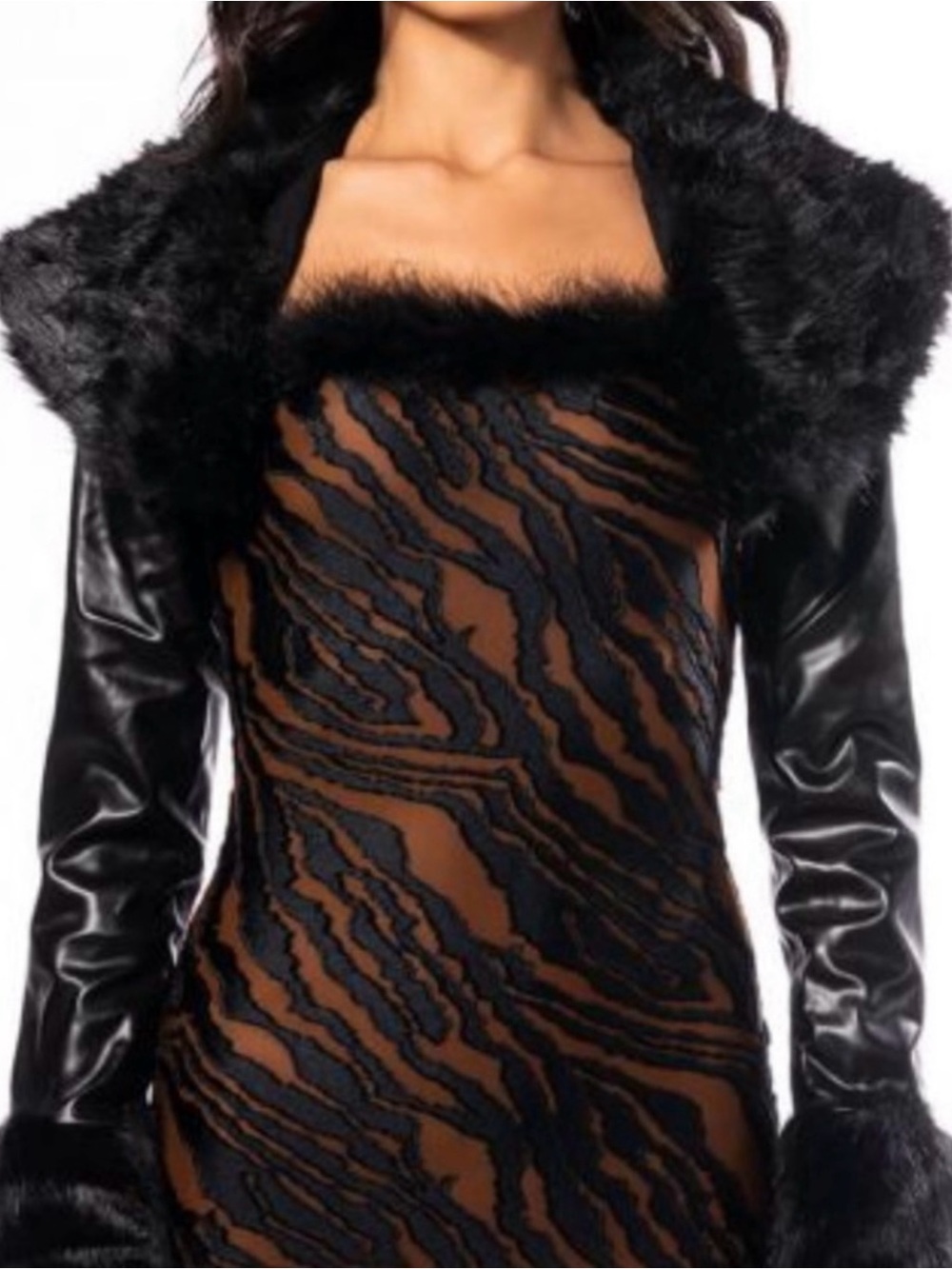 Sophisticated Faux Fur Trim Black Women's Vinyl Jacket - Picture 4 of 4